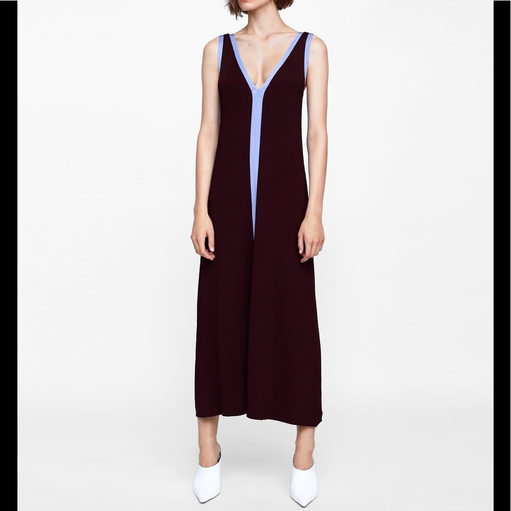 ZARA BURGUNDY W/ BLUE KNIT RIBBED MAXI DRESS